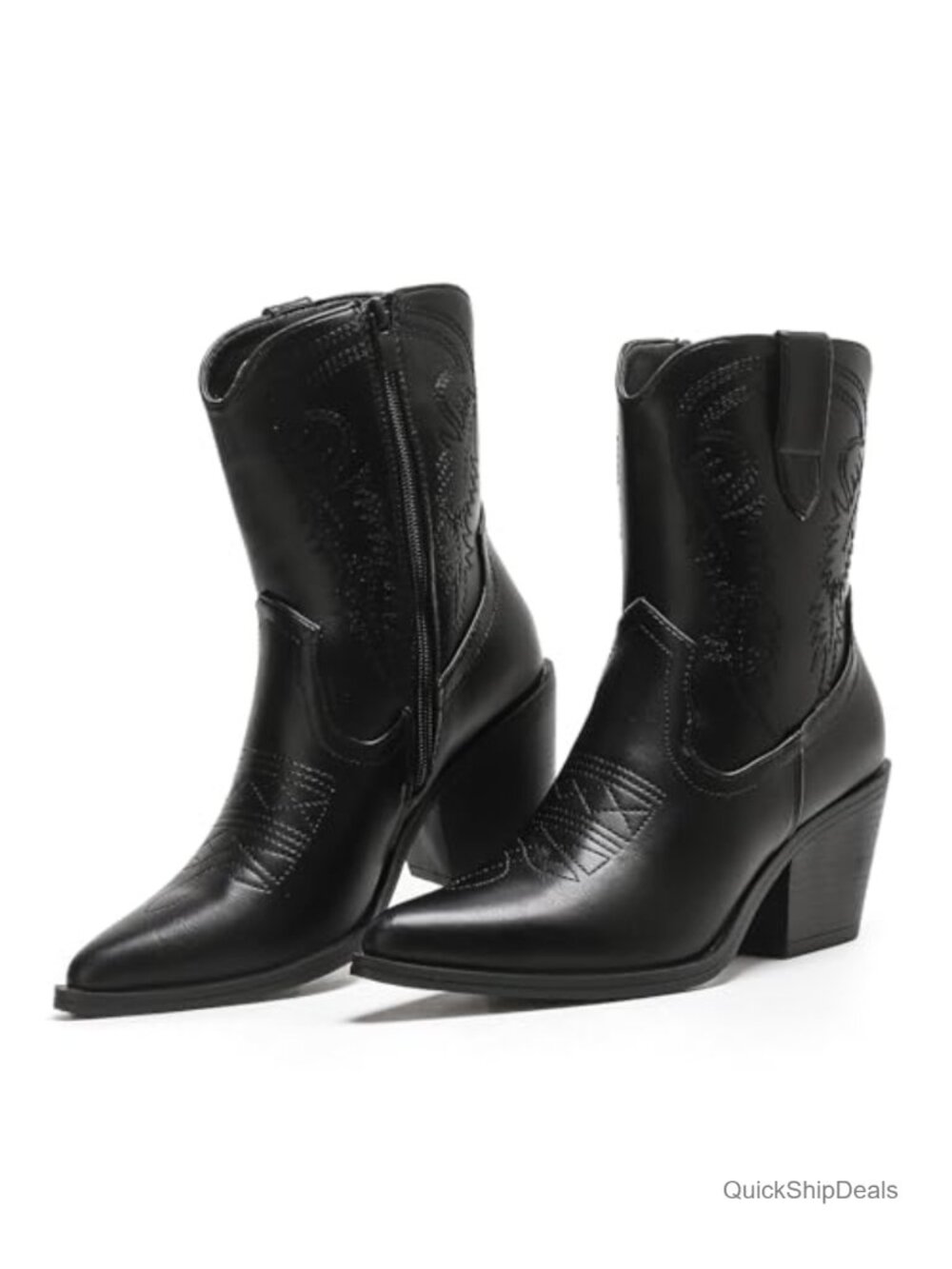 Western Ankle Boots Faux Leather Embroidered Pointed Toe Block Heel Booties